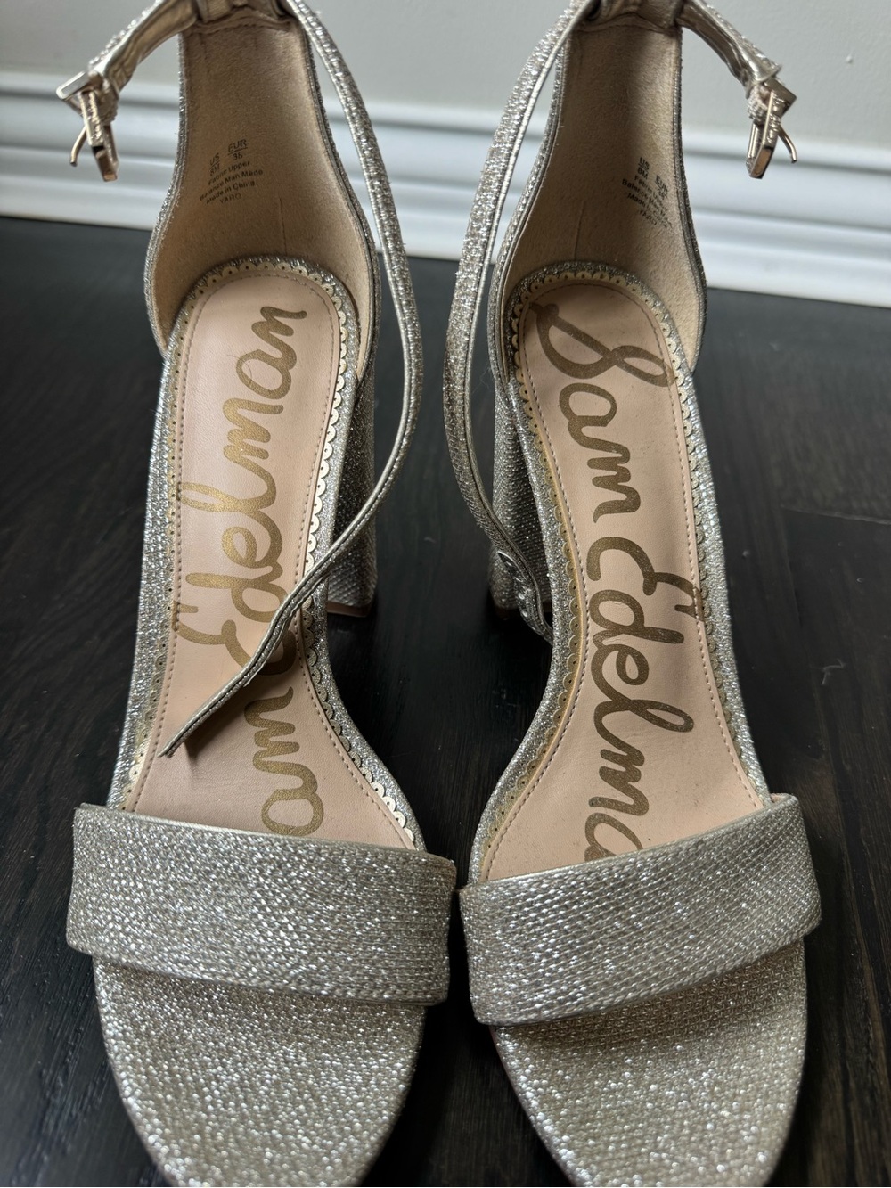 Sam Edelman Silver Glitter Ankle Strap Block Heels
